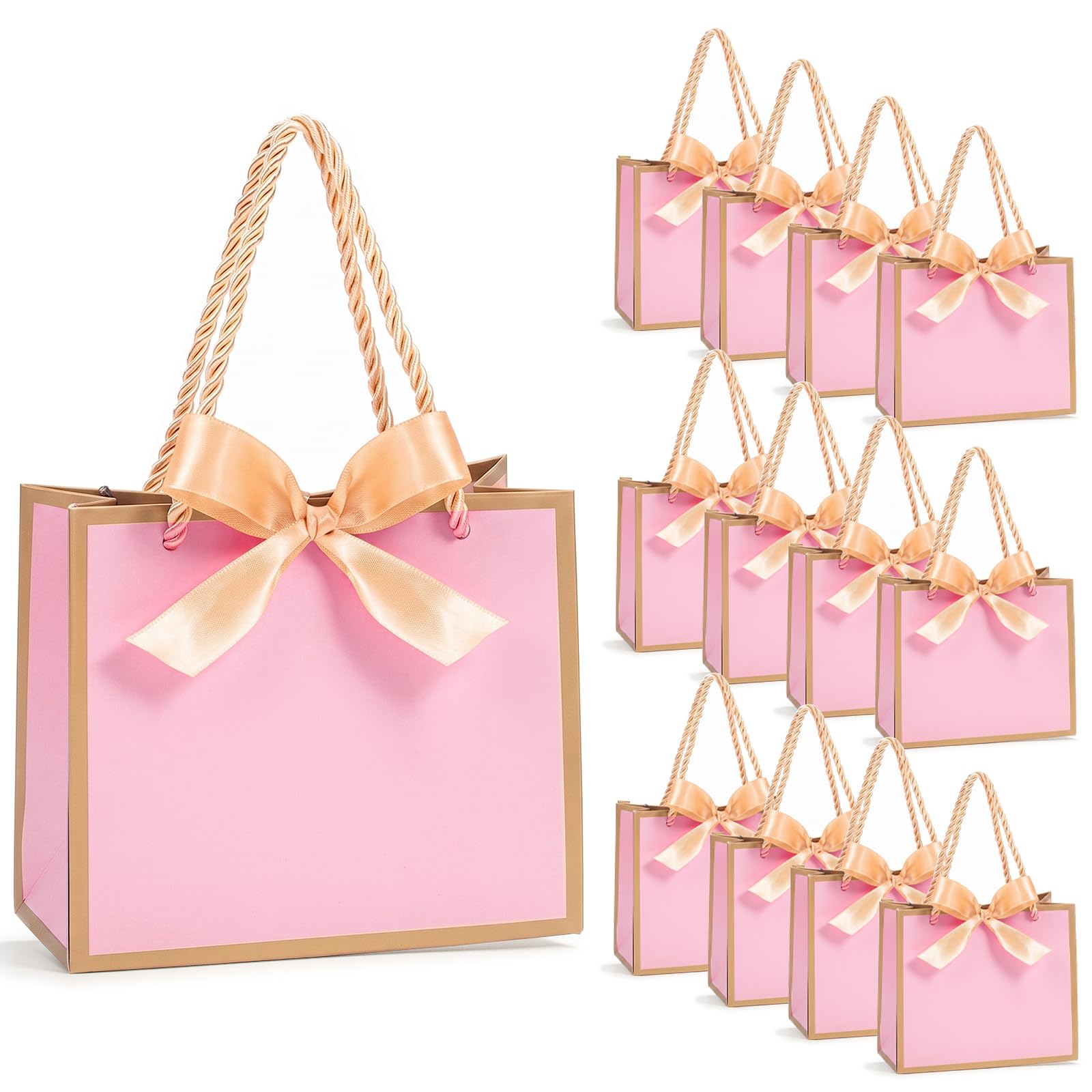 12 Pack Small Gift Bags with Bow Ribbons, Pink Mini Party Favour Bags