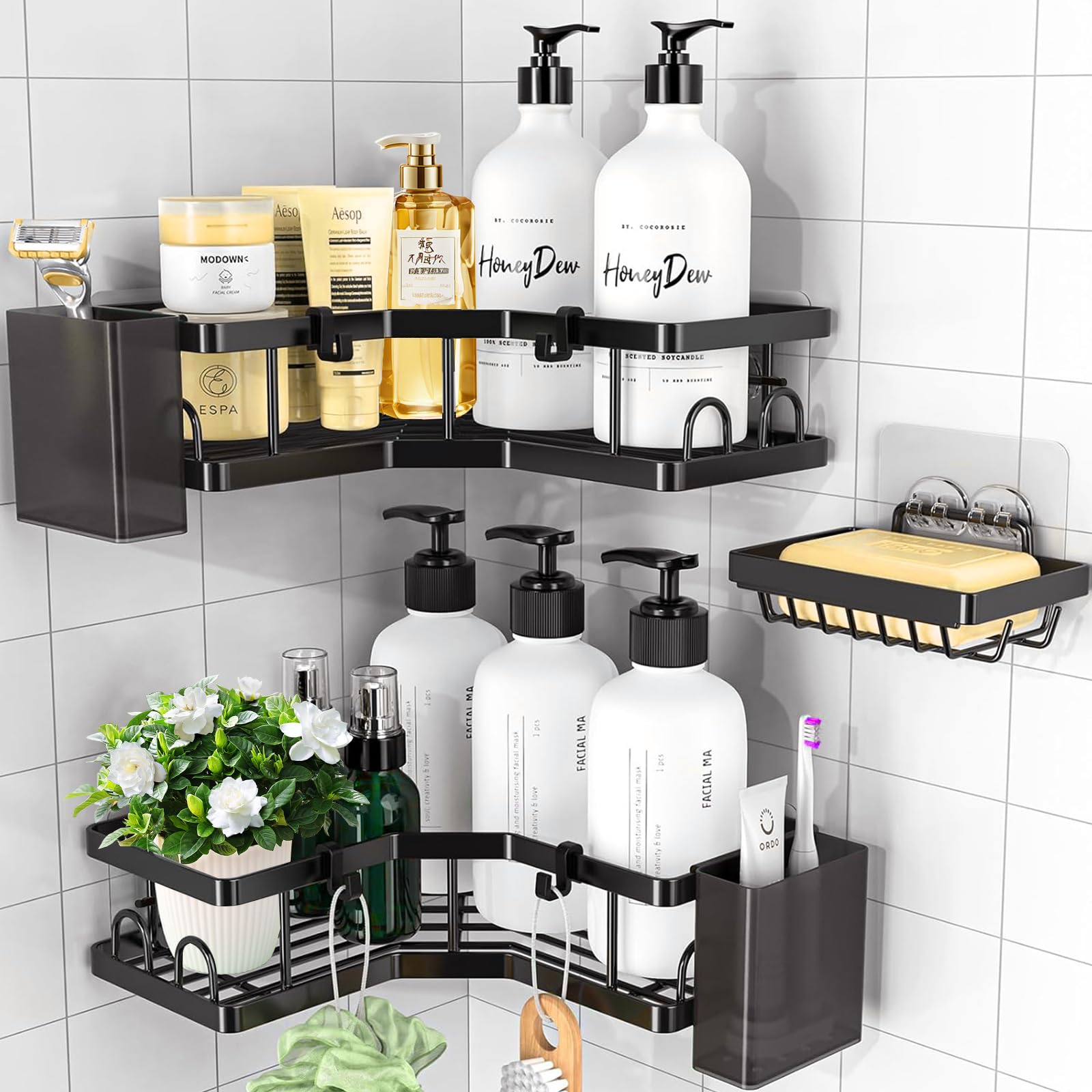 Yoawllty Bathroom Organizer, 2 Pack Corner Shower Caddy, Adhesive Shower Corner Organizer Shelves, No Drilling Stainless Steel Shower Storage Rack with Hooks,Toothbrush Holder,Soap Holder for Bathroom