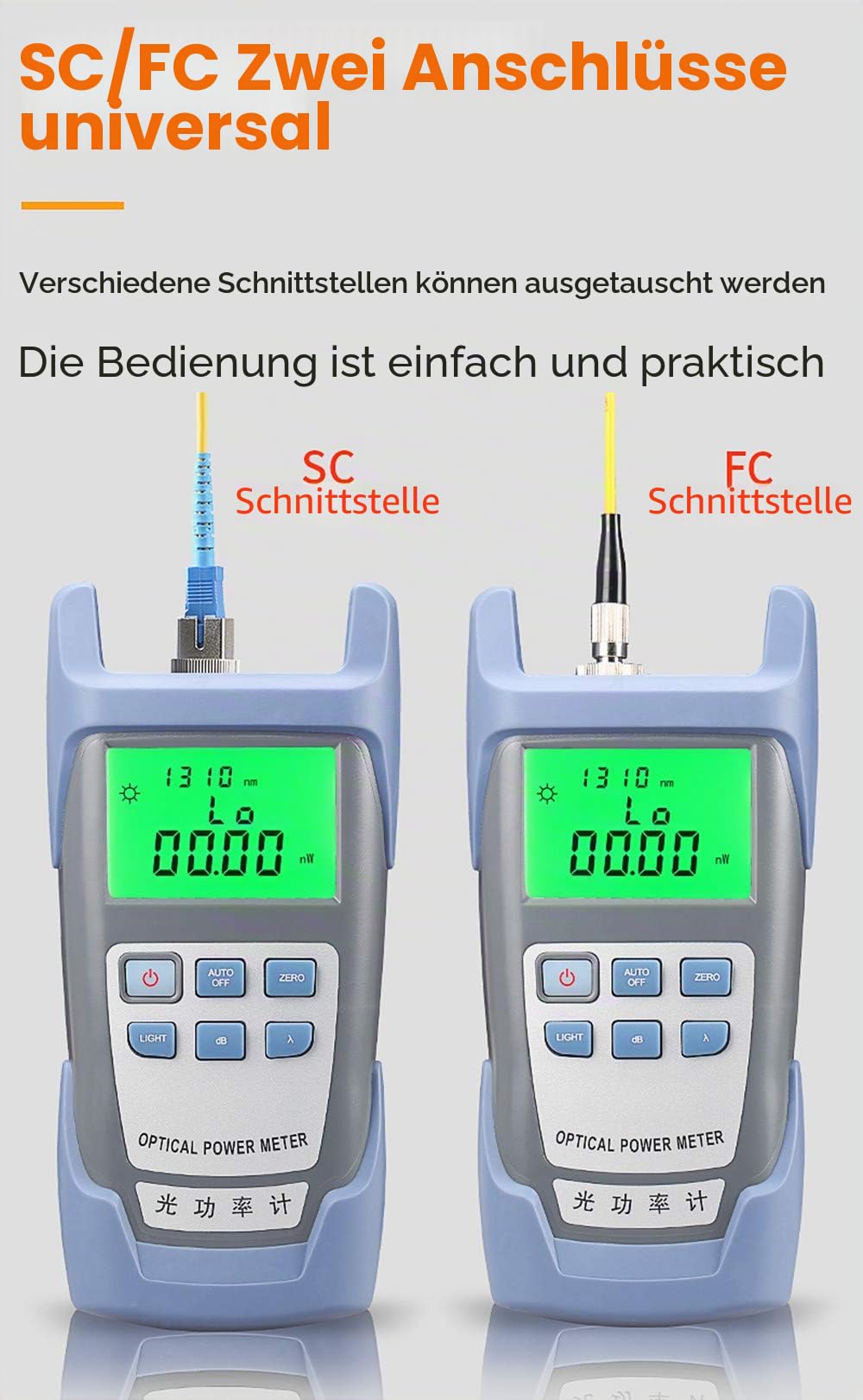 FTTH Photometer, Glasfaser, Tester mit optischem Kabel, Tester für Glasfasern, -70 dBm bis +10 dBm