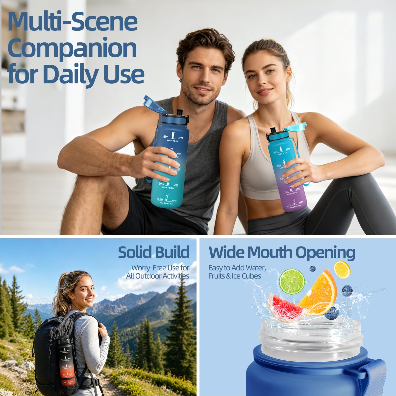 Motswedi Borraccia 1.5 Litro, senza Cannuccia, Borraccia Palestra, Bottiglia Acqua, a Prova di Perdite, Plastica Borracce Sportiva 1.5 l, per Ufficio, Sport, Palestra, Ciclismo, Blu & Verde