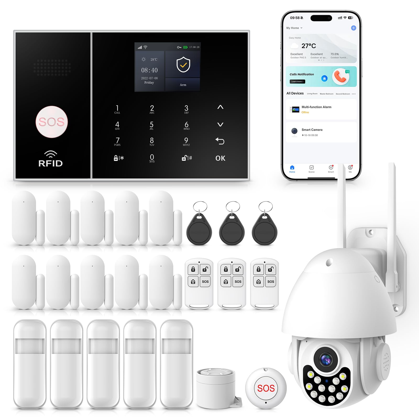 4G/WLAN Alarmanlage Haus mit Außenkamera, 25-teiliges Sicherheitssystem für Haus mit Sirene, PIR-Bewegungsmeldern, Fenster-/Türsensor, Fernbedienungen, Kompatibel mit Google Assistant