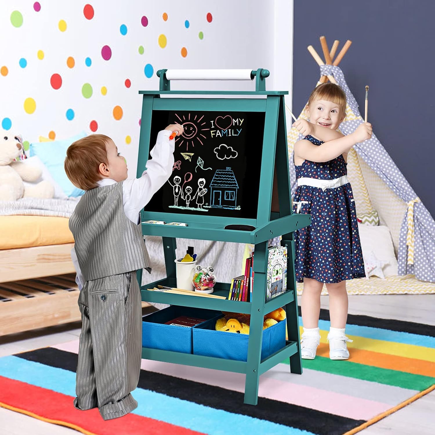 GOPLUS 3 en 1 Pizarra de pie para niños, Pizarra magnética y de tiza, Caballete de doble cara con caja de almacenamiento, para pintar y escribir, para niños Tinta. Papel para colorear e imanes (azul)