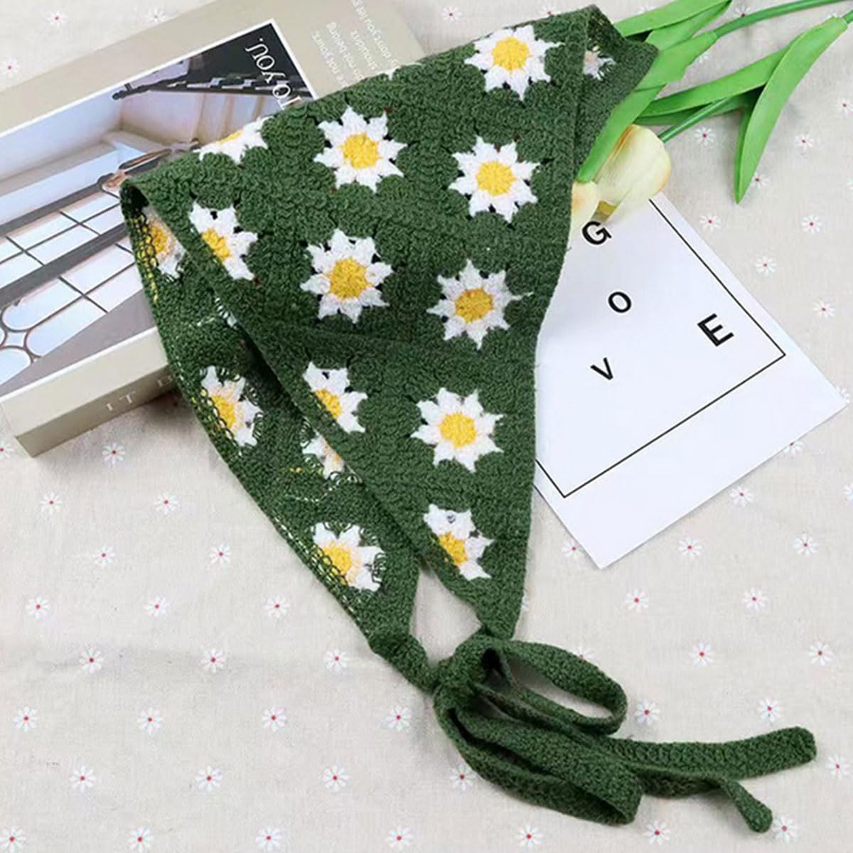 FZBNSRKO 6 Pcs Crochet Bandanas Vintage Headband Crochet Head Scarf Knitted Floral Headscarf for Women Girls(Pattern 4)