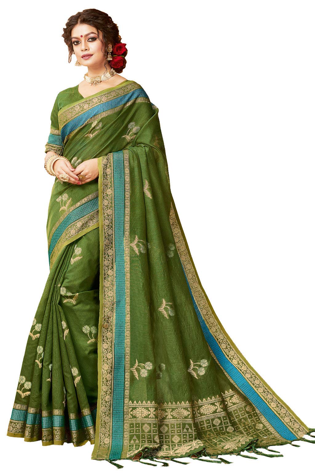 RiwazoWomen's Cotton Handloom Woven Work Saree with Blouse Piece (SGIDN-3003,Green)