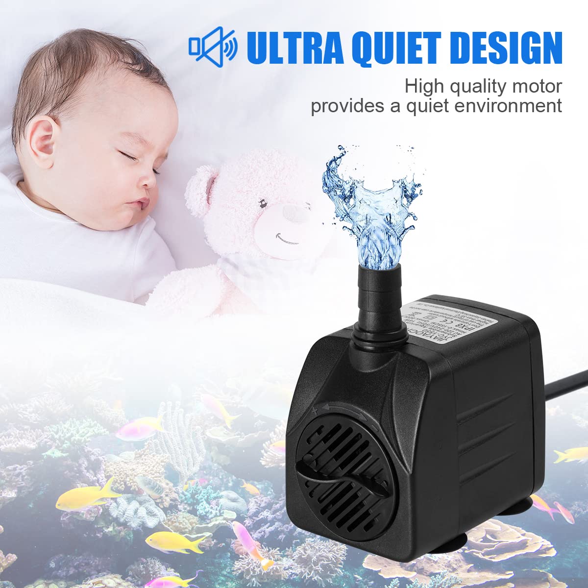 flintronic Mini Pompa Acqua, Sommergibile Ultra-Silenzioso 16W 800L/H Pompa per Acquario Fontane Acqua Sistemi di Circolazione per Terrari, Acquario, Laghetto, Pesce Stagno,Ecc (2 Ugelli Inclusi)