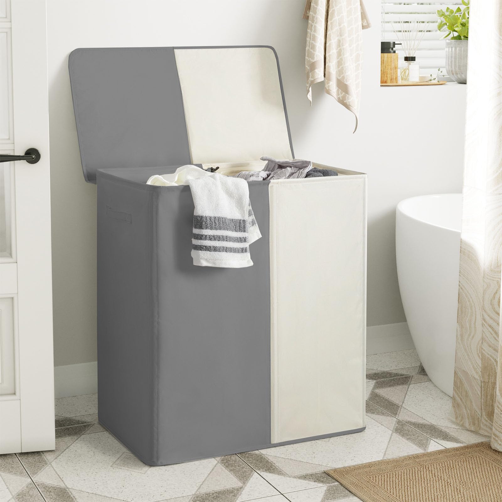 WOWLIVE 154L dubbele wasmand met deksel, grote wasbak en afneembare waszakken, grote inklapbare 2 verdelers wasmand met handgrepen voor slaapkamer wasruimte kast (grijs zwart
