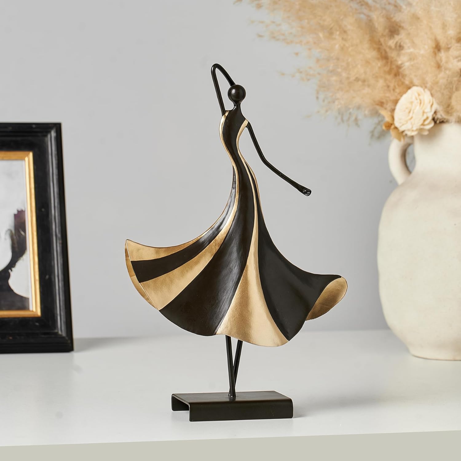 Abstract Metal Dancer Sculpture, Modern Black and Gold Figurine with Base, Elegant Artistic Home Decor Accent for Living Room, Shelf, Table, Office