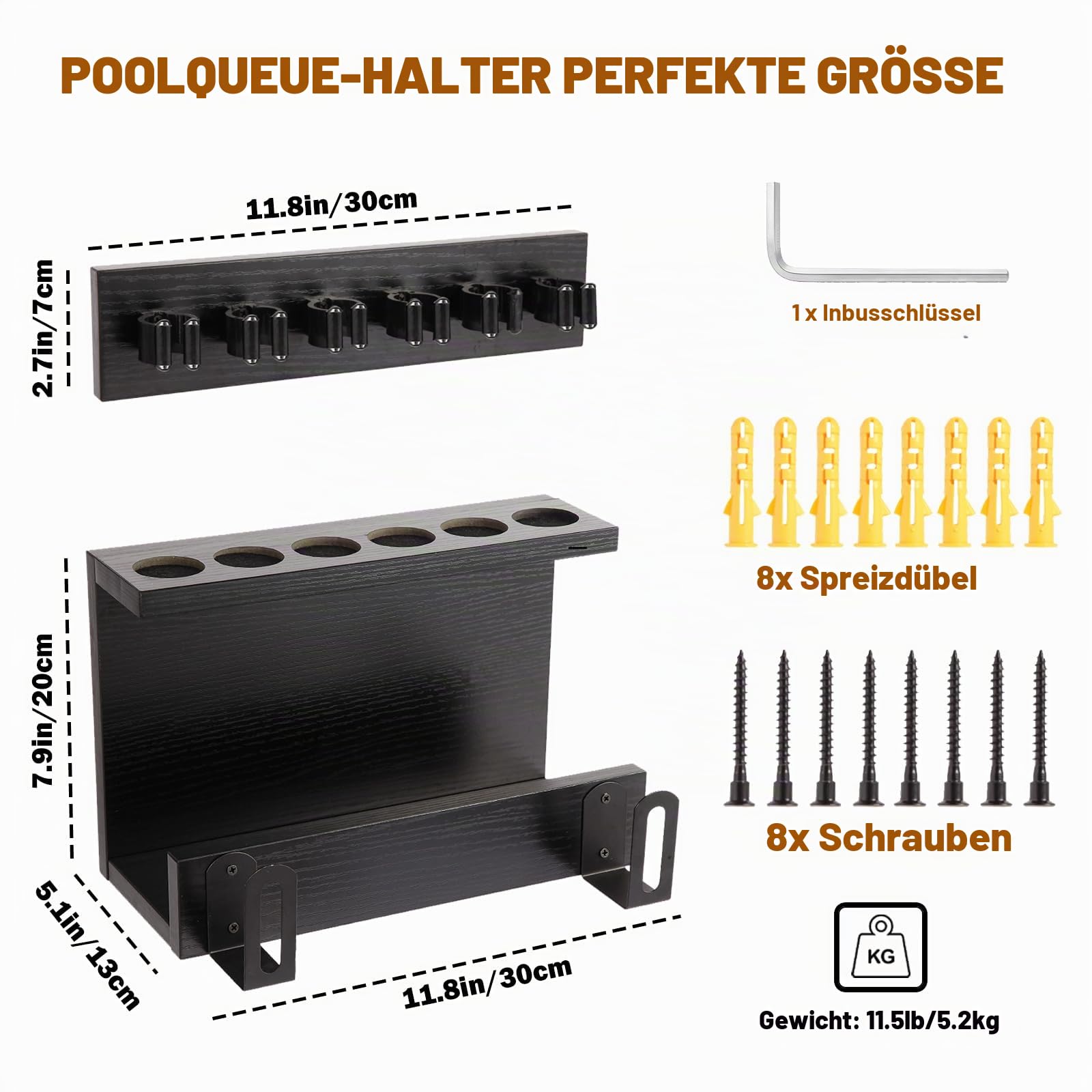 Wandmontierter Billardqueuehalter aus Hartholz für 6 Queues - Platzsparendes Billard Queue Rack als Aufbewahrung für Billardzubehör, rustikaler Billard Queue Halter für Ihr Billardzimmer, Schwarz