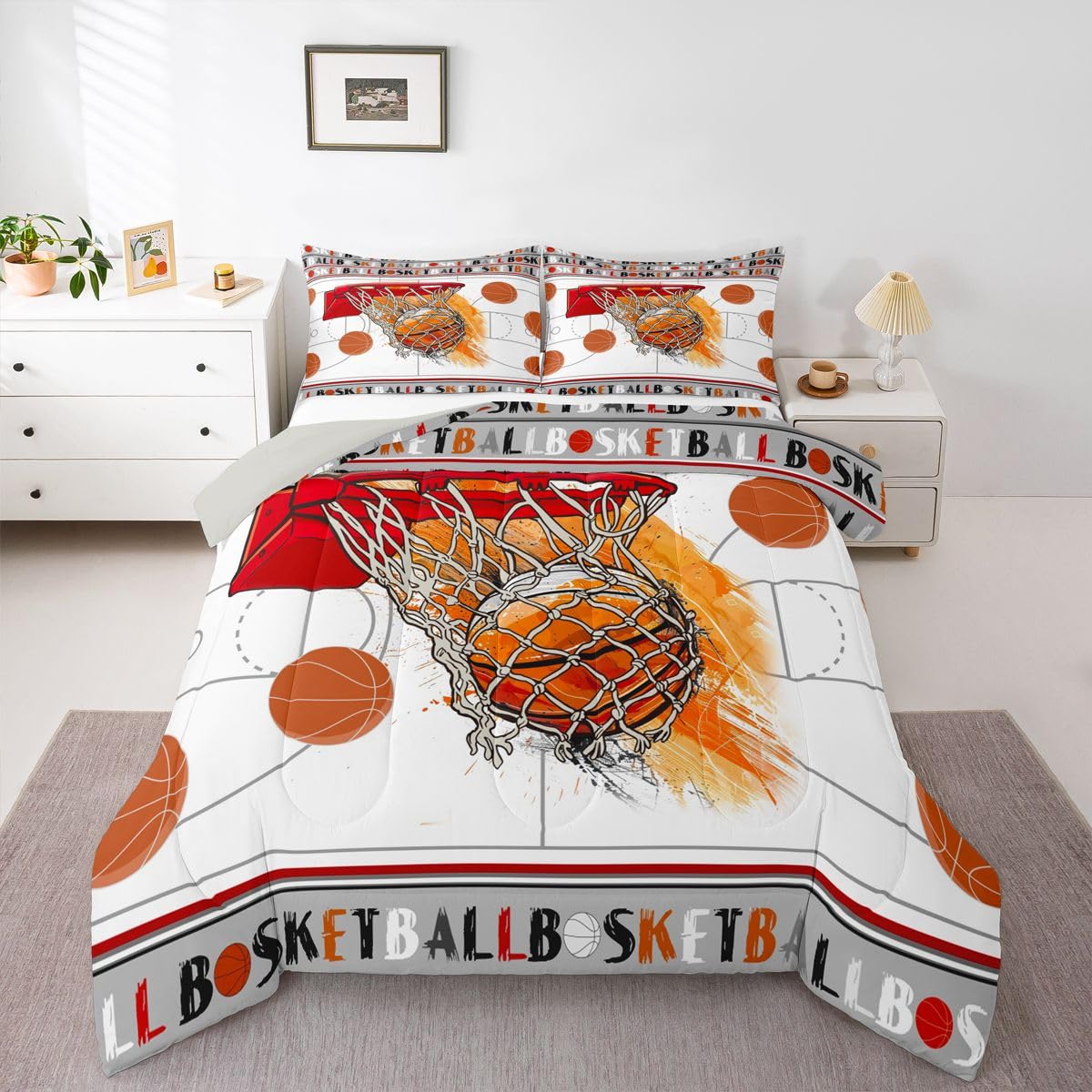 Castle Fairy Basketball Bedding Sets Full Size,Boys Ball Sports Games Reversible Down Comforter Breathable Polyester Quilt Set,White Court Red Hoop Orange Duvet Insert,2 Pillowcases