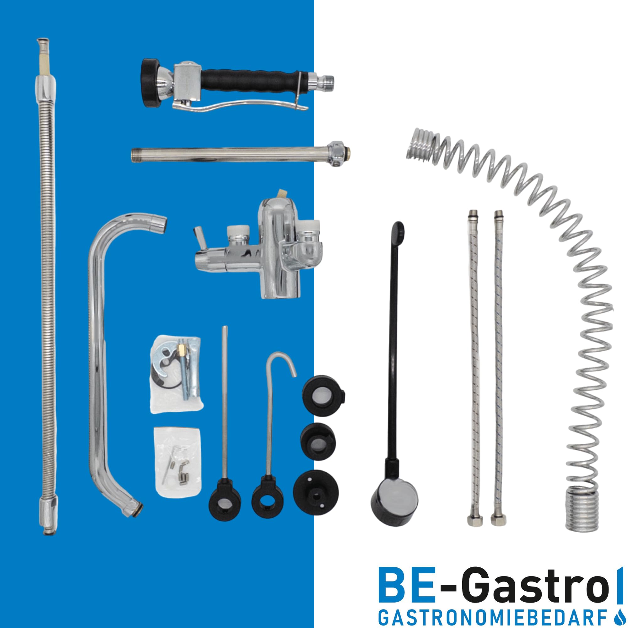 BE-GASTRO I Grifo Industrial Hostelería - Alcachofa de ducha (incluye grifo, grifo mezclador y mango ergonómico de palanca larga, alcachofa gastronómica con accesorios (60 cm)