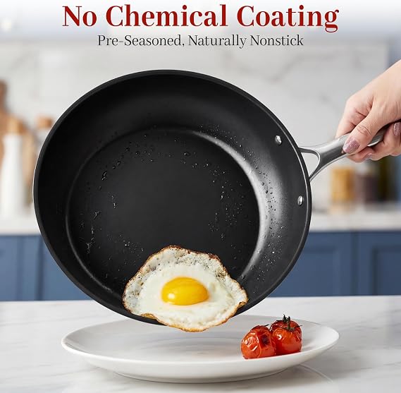 Carbon Steel Frying Pan 12 - Pre-Seasoned Carbon Steel Skillet, Lightweight, Natural Non-Stick, Induction Compatible