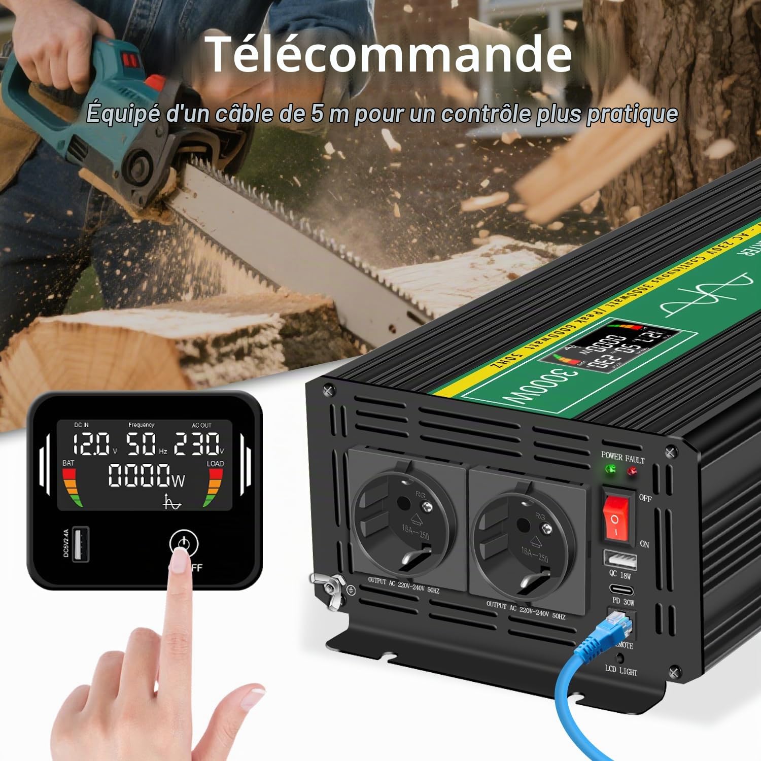 JIGUUN 3000W Convertisseur 12V 220V Pur Sinus Onduleur transformateur Puissance crête 6000W avec Télécommande Écran LCD 2 Prises EU 1 Port USB pour Voiture Camping Voyage Urgence (3000W 12V)