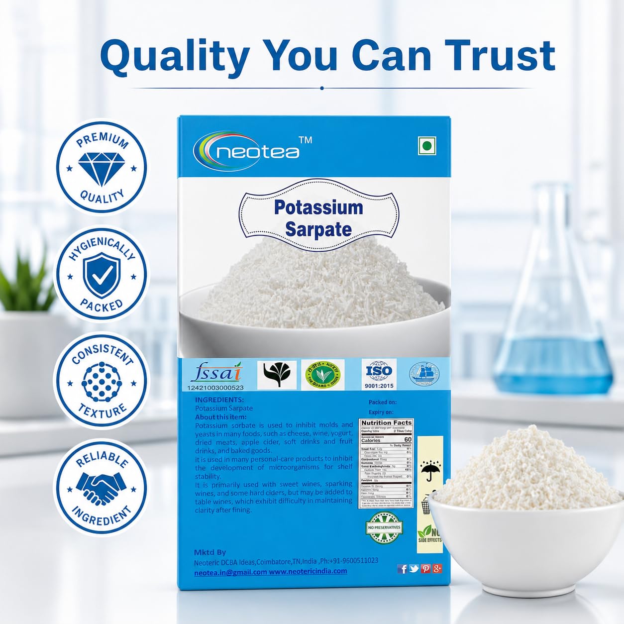 Neotea Potassium Sorbate Food Grade Preservative Powder | Helps Maintain Freshness in Food & Beverage Preparations | Multipurpose Ingredient for Baking, Beverages, Sauces & Homemade Recipes | 100% Pure | Resealable Pack 250 Gm — Amazon image 5