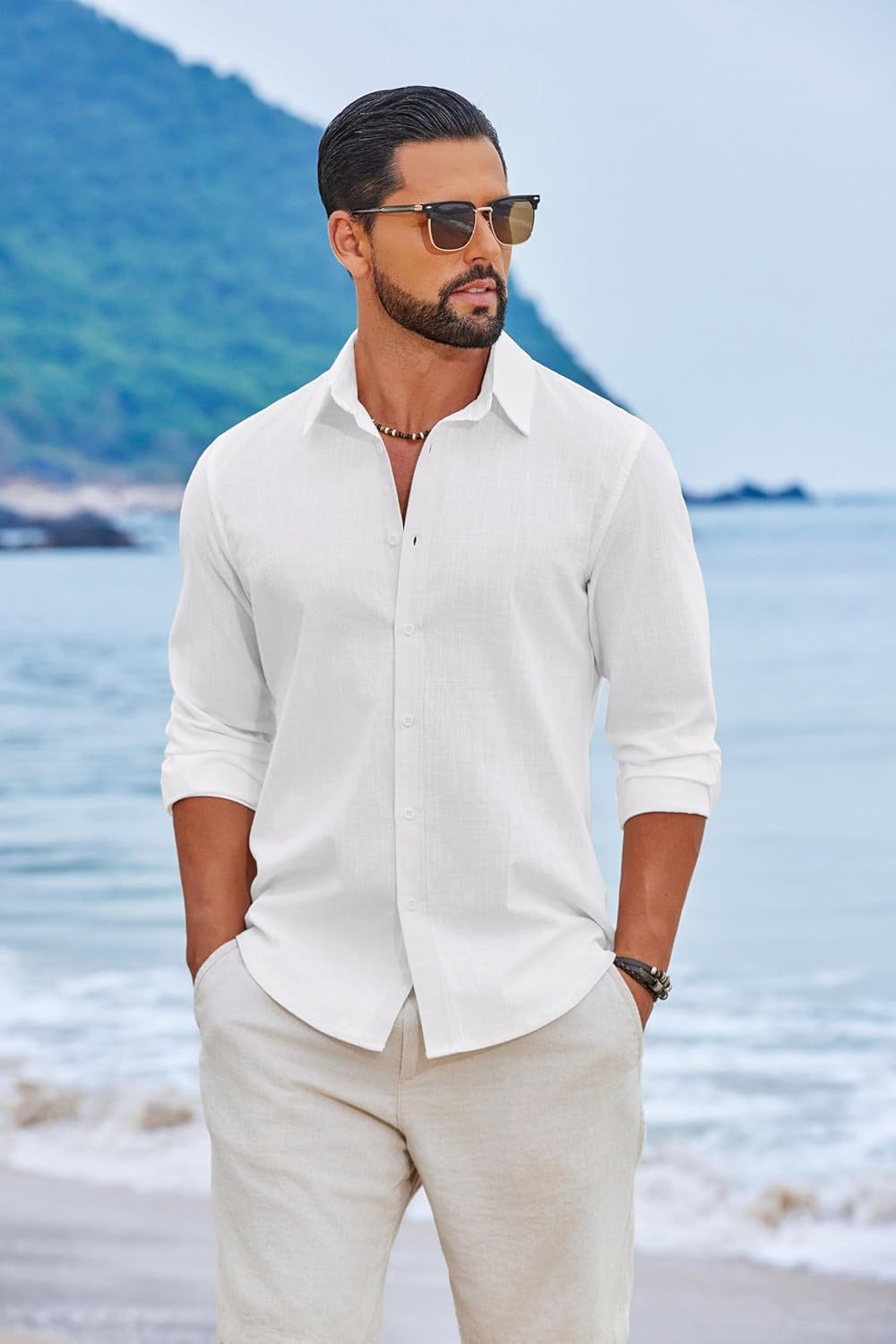 COOFANDY Men's Casual Button Down Shirts Long Sleeve Cotton Beach Wedding Shirt Summer Linen Shirt for Men - Image 2