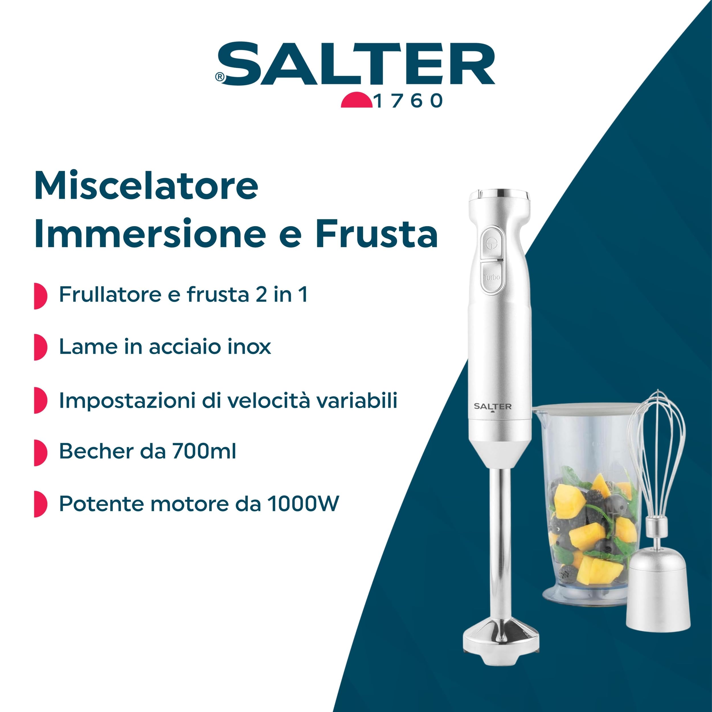 Salter Aspen Blend & Whisk Pro – miscelatore 2 in 1, frullatore a immersione, tritatutto per alimenti, lama in acciaio inox, Impostazioni di velocità variabili, becher 700ml, 1000W