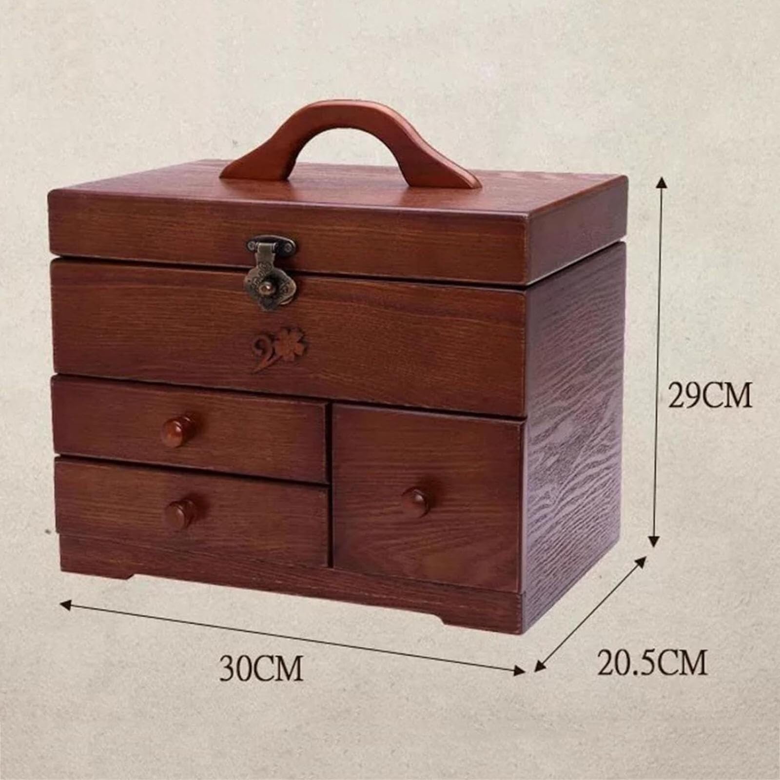 Organizador de madera para coser – 30 x 20,5 x 29 cm con 3 cajones y compartimento superior para suministros de acolchado, ideal para kits de aguja, hilo y bordado