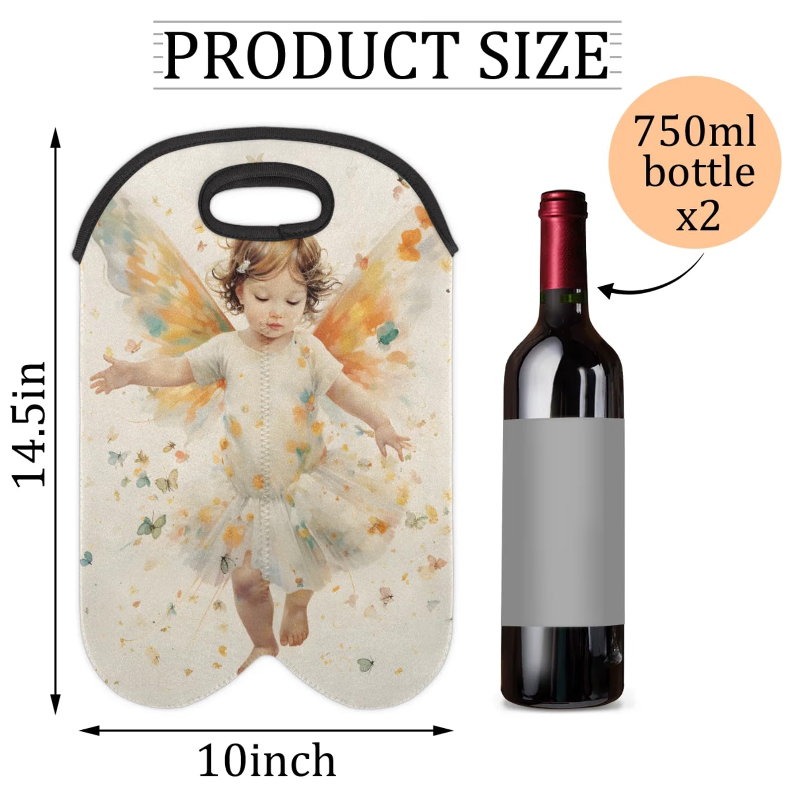 GzLeyigou 2 Bottles Little Angel Wine Bag Sleeve Totes Neoprene Protective Wine Carrier Bag for Wine,Water, Champagne, Beer, Baby Bottles,Gift 14.5 x 10 Inches