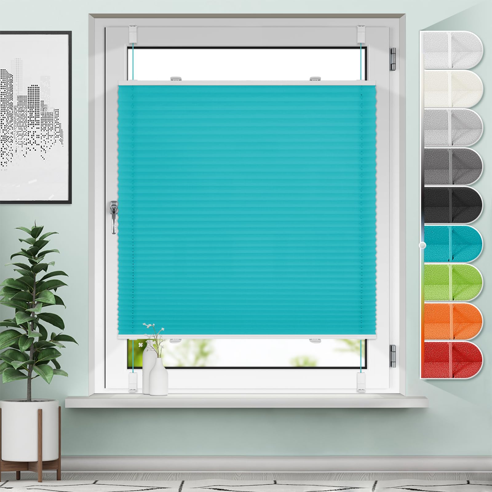 Sanfree Plissee Klemmfix ohne Bohren Türkis B90 x H120cm Easyfix plisseerollo Jalousie Faltrollo Blickdicht Sichtschutz & Sonnenschutz Fertifplissee Rollos für Fenster und Tür