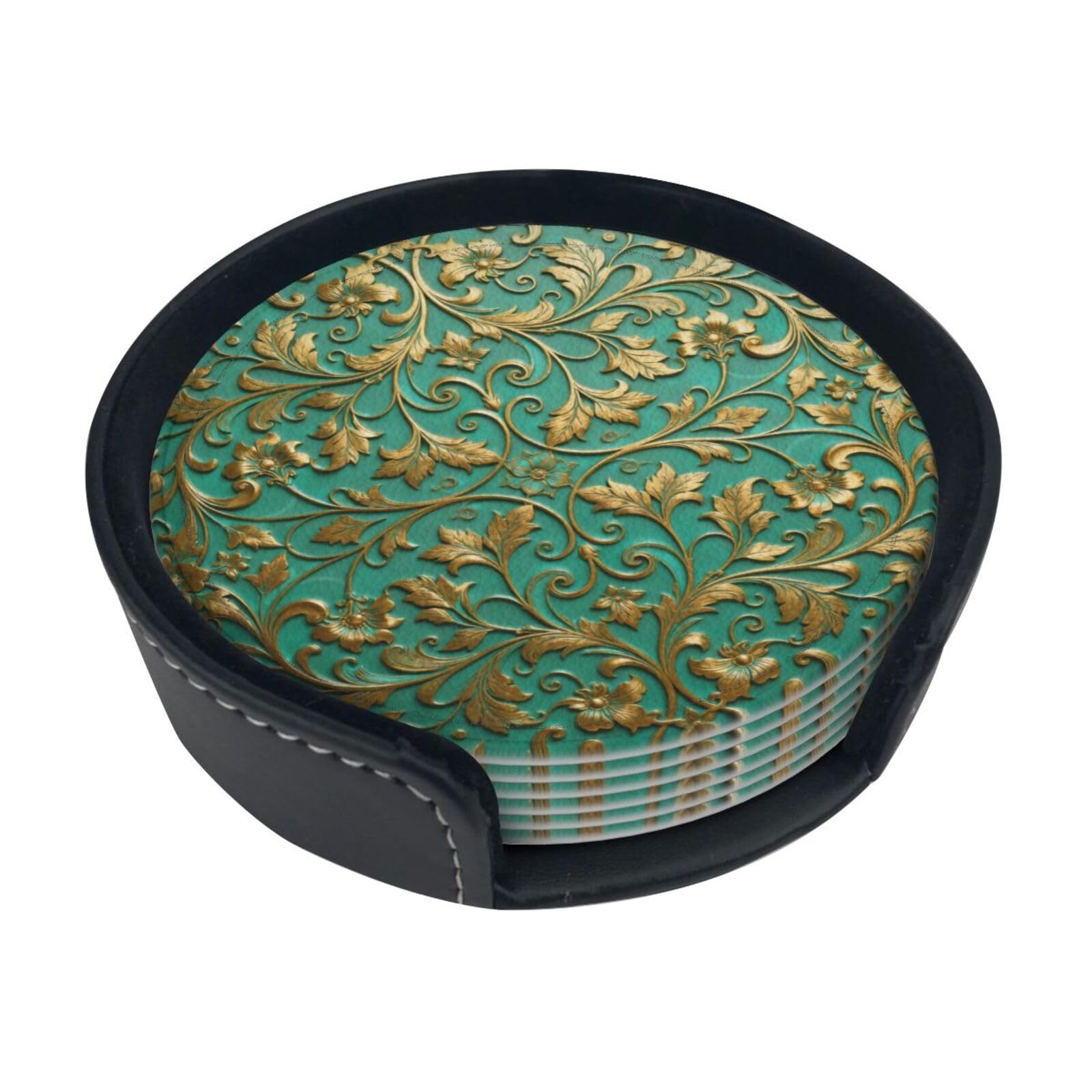 Cntdbu White Leaves And Flowers Leather Coasters Set Of 6-Pu Leather Drink Mats For Table, Heat Resistant Round Coasters With Holder