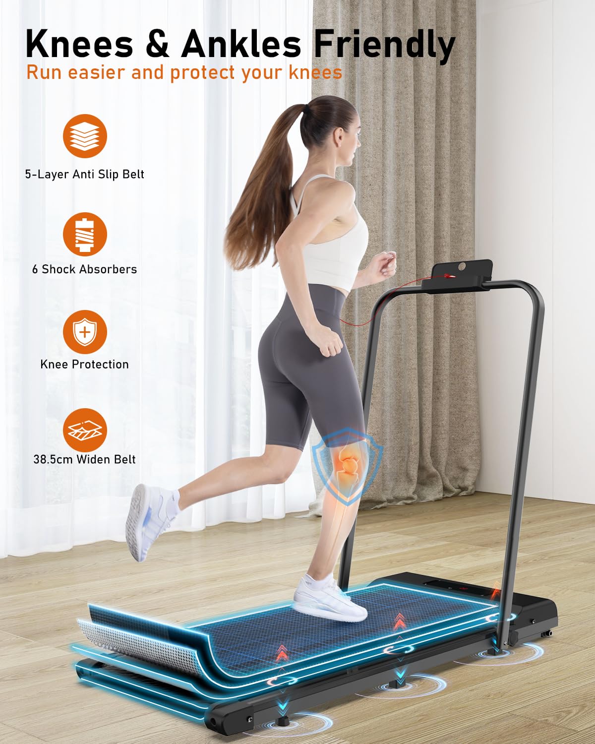 Tapis de Course et Marche 3 en 1 avec Pente 7% – Tapis Roulant Silencieux, 8 km/h, 2,5 CV, Amorti Confortable, Charge 130 kg, Écran LCD – Maison & Bureau (Noir 90 cm