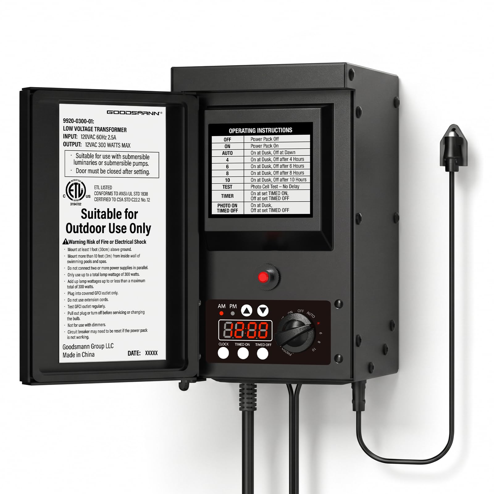 GOODSMANN Bloc d'alimentation basse tension avec capteur et protection de climat pour éclairage paysager basse tension et projecteur extérieur transformateur 120 V entrée 12 V sortie compatible avec