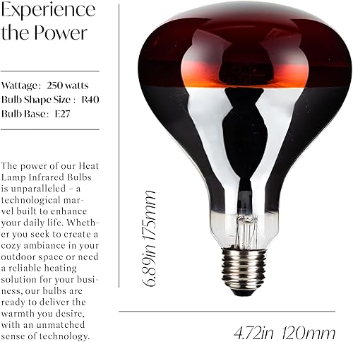 Miniatura 4 de TOPHORT Paquete de 2 bombillas de calor R40250 vatios, lámparas de calor rojas para exteriores, para mascotas, bombilla de inundación para pollos,