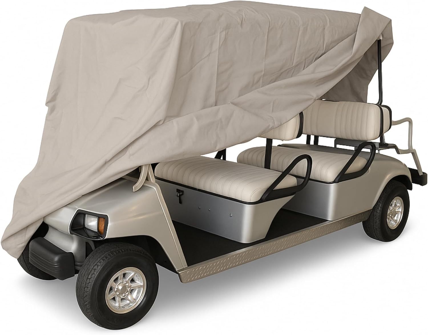 Formosa Covers | Deluxe 6 Passenger Golf Cart Cover fits E Z GO, Club Car Limo, Yamaha, Polaris Gem e4 Model, Icon i60L - Stays Put in Wind and Rain - Storage Bag Included (Taupe)