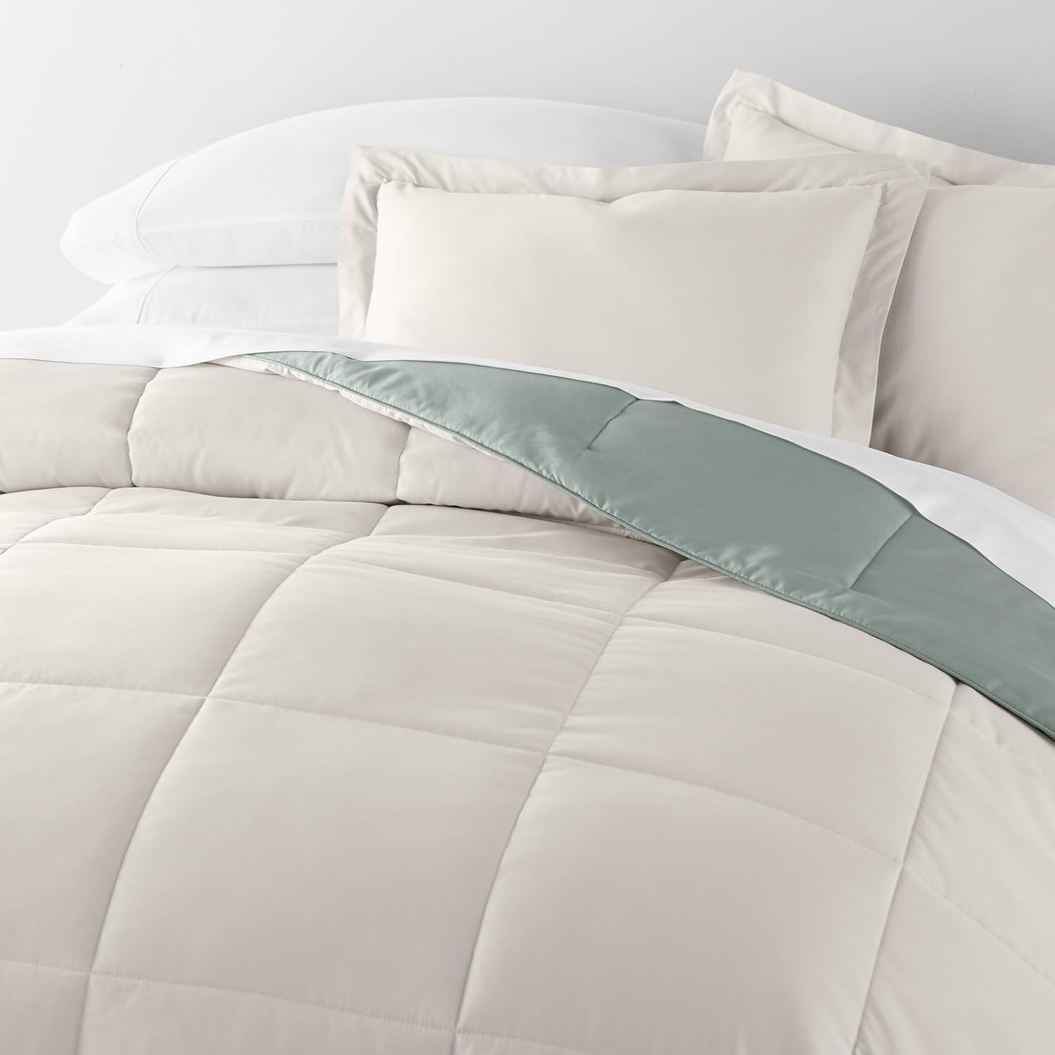 Merit Linens Comforter Set Two-Toned Reversible Microfiber All Season Down-Alternative Ultra Soft Bedding - Full/Queen Eucalyptus/Natural