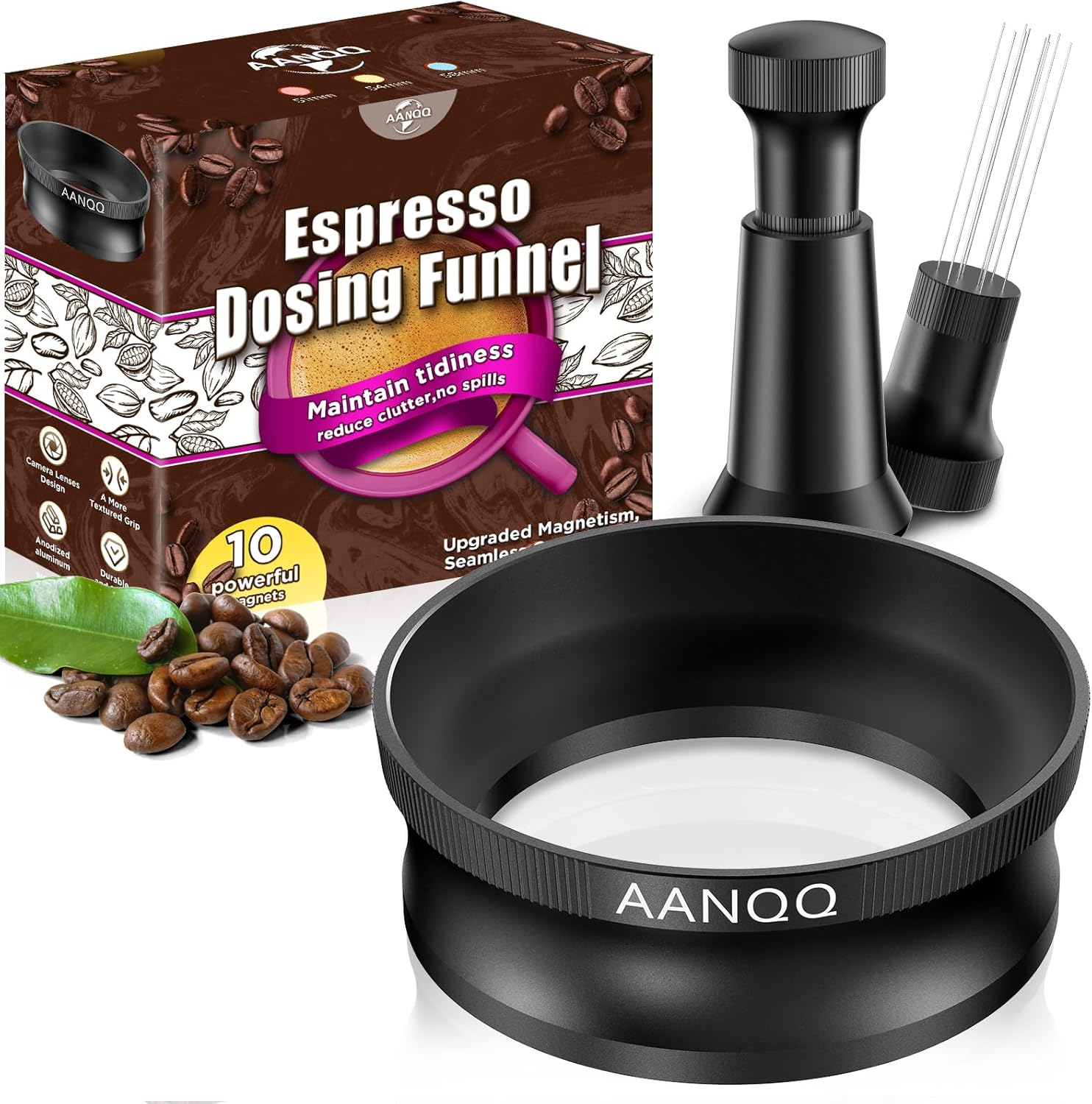 58mm Espresso Accessories Kit: WDT Tool 0.35mm 20 Needles Coffee Distributor Stirrer – Barista Dosing Funnel with 10 Powerful Magnets for 58mm Portafilter (58mm WDT & Funnel)