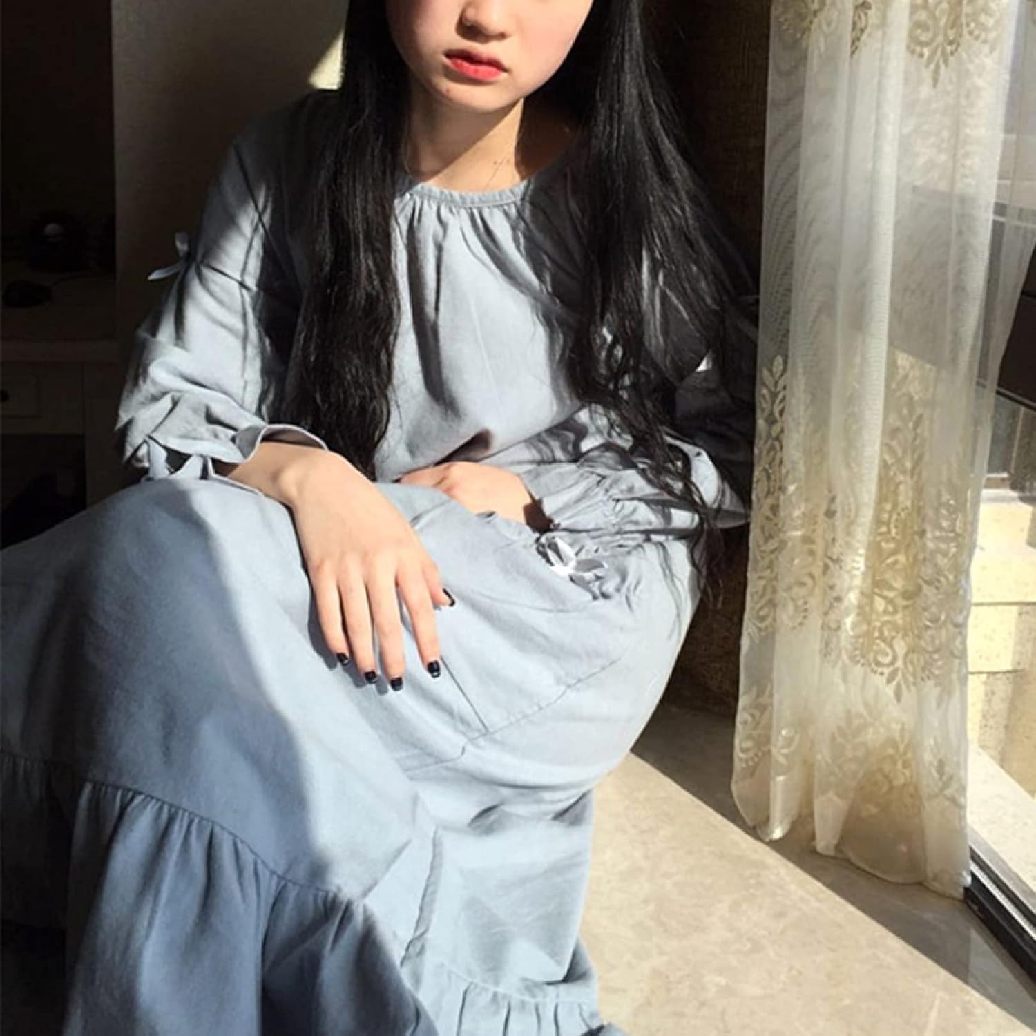 [シュウカ] ネグリジェ レディース XL 春夏 綿麻 無地 ワンピース 長袖 かわいい ロング 大きいサイズ ゆったり フリル ゆ