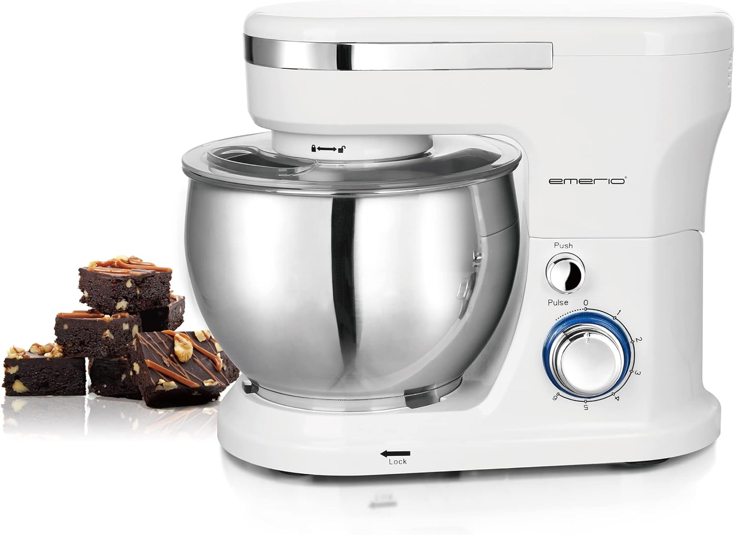 EMERIO KM-123117 Kitchen Machine in operation, with a bowl of mixed ingredients and brownies in the background.