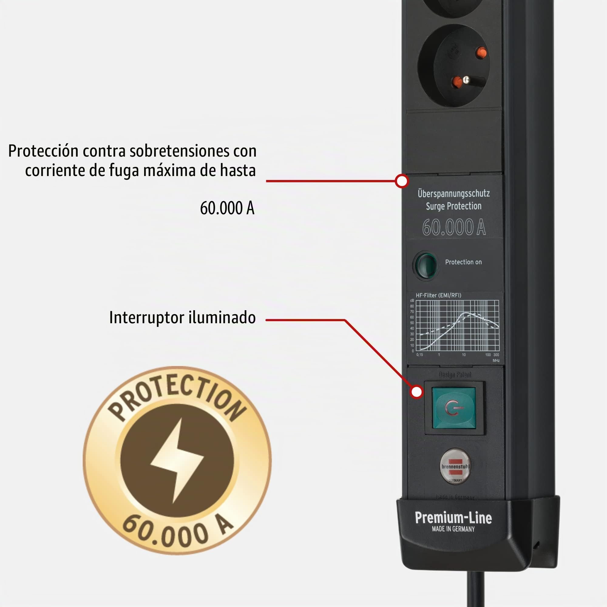Regleta de enchufes Premium-Line de 4 vías con protección contra sobretensiones de hasta 60.000 a (Cable | Con protección contra sobretensiones de hasta 60.000 A, con interruptor, fabricado en Alemania, color negro