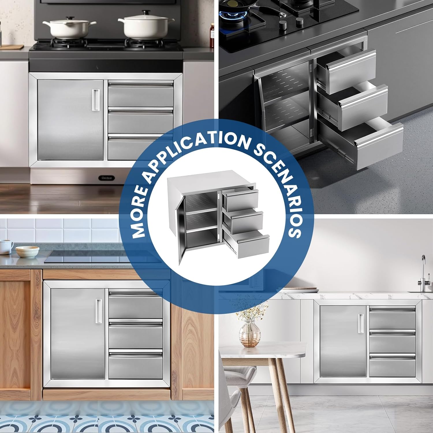 Combo Outdoor Kitchen Cabinets 28" W x 22" H x 19.1" D, Stainless Outdoor Kitchen Cabinets 3-Tier Cabinet & Access Door Outdoor Kitchen Drawers Combo Cabinet, Stainless Steel Cabinet for BBQ Island