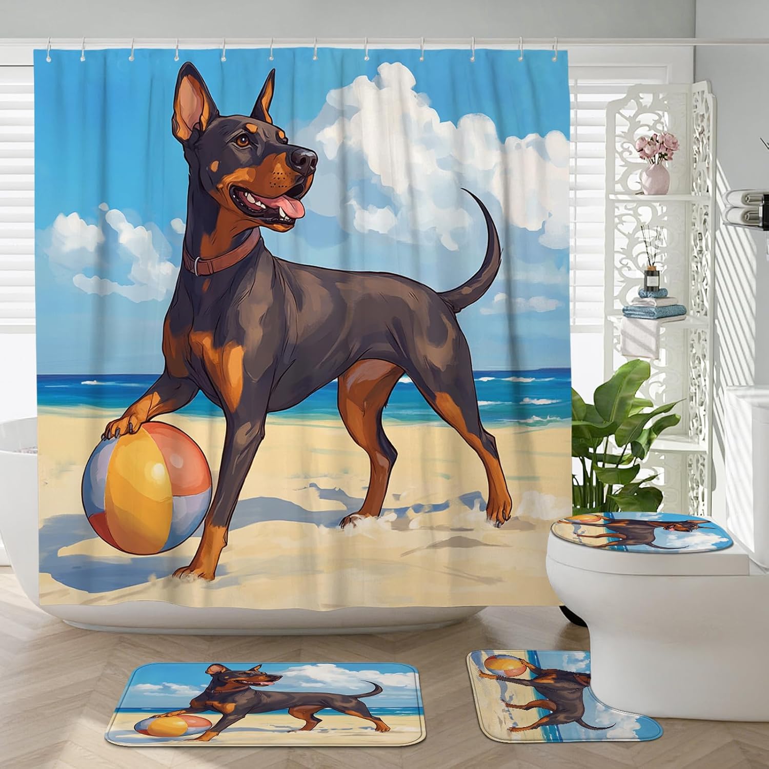 4PCS Doberman Dog Bathroom Accessory Sets with Non-Slip Rug, U Shape and Toilet Lid Cover Mat, Fun Puppy Animal Beach Cartoon Kids Bathroom Decorative-72''x72''