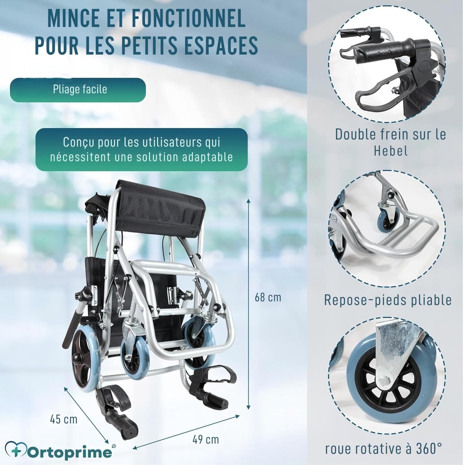 OrtoPrime fauteuil roulant pliable léger en ALUMINIUM – fauteuil roulant étroit pour maison et extérieur – chaise roulante orthopédique adulte et senior – wheelchair compact