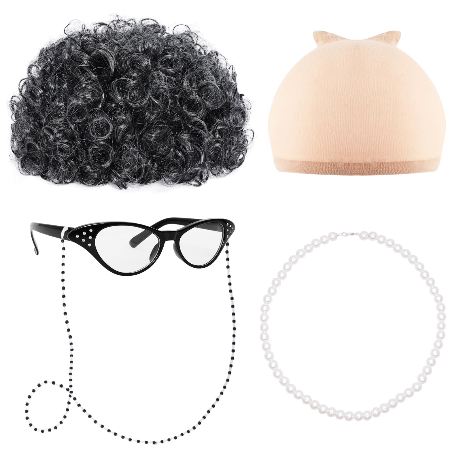 Fumwase 5PCS Old Lady Wig Costume Set Madea Granny Glasses Grandma Wig Costume Set Gray Granny Costume Wigs for Halloween Women Adult (Dark Grey)