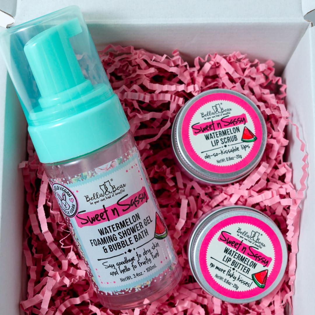 Bella & Bear Sweet 'n' Sassy Mini Spa Gift Set for Women & Teen Girls – Bath & Body Travel Gift Set with Shower Gel, Body Scrub, Lip Scrub & Lip Butter