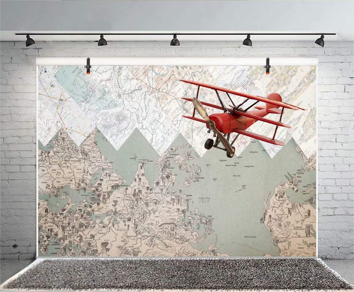 DaShan 10x6.5ft Vintage Airplane Backdrop World Map Adventure Baby