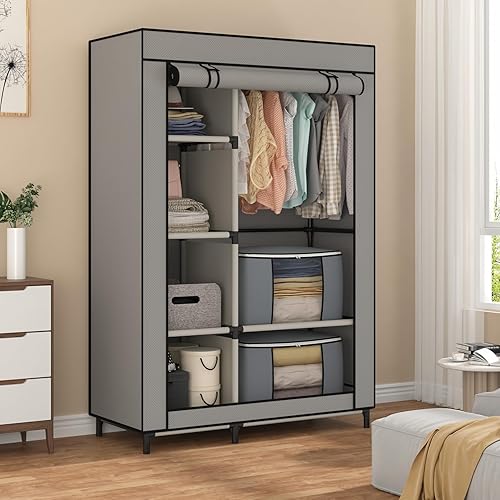 Miniatura 4 de Calmootey Armario portátil, armario con 6 estantes y barra para colgar, organizador de almacenamiento para dormitorio, funda de tela no tejida con 4