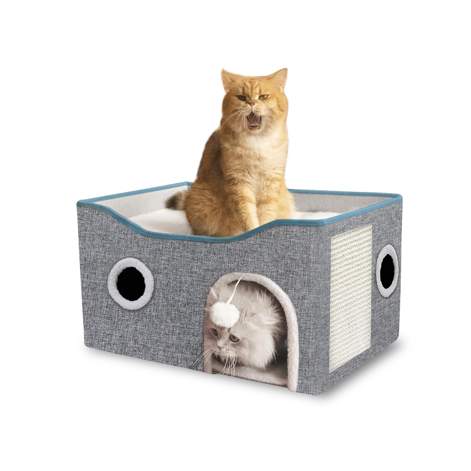 Cat Houses for Indoor Cats, Large Cat Beds and Furniture with Fluffy Ball and Scratch Pad, Foldable Cat Cave for Multi Small Pet Kitten Rabbit, Grey
