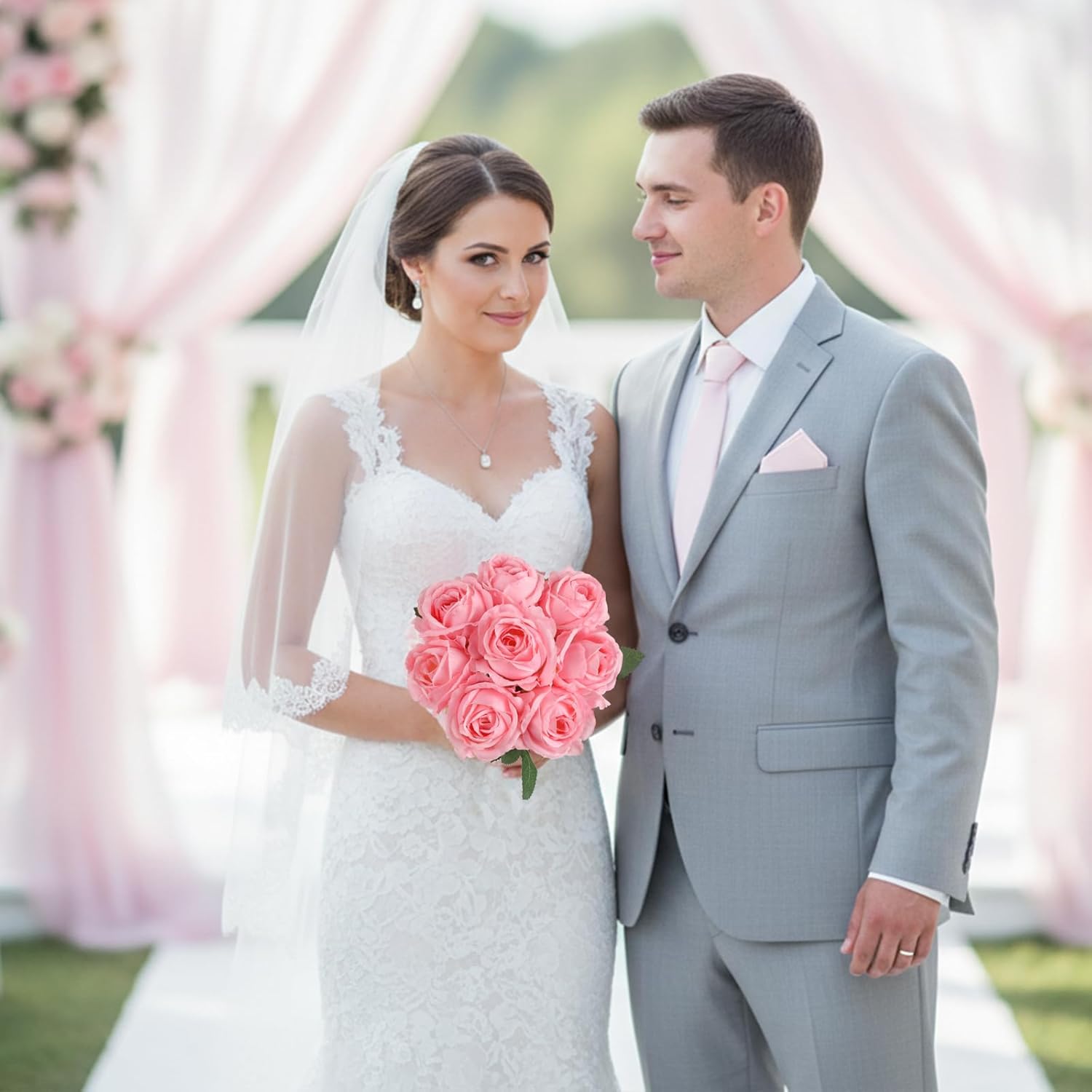 10Pcs Artificial Rose Flowers Pink Fake Roses with Long Stems Faux Silk Flowers for DIY Wedding Bouquets Cake Welcome Flowers Chair Back Home Party Decor (Pink) - Image 4