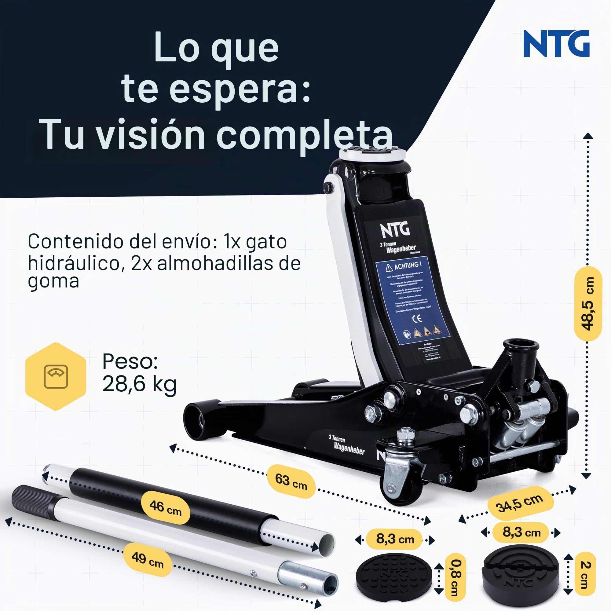 NTG Gato hidráulico hidráulico 3T, capacidad de carga 85 – 485 mm, gato hidráulico con 2 almohadillas de goma para SUV y coches bajos, pistón doble 3000 kg para coche, taller, con bandeja magnética y