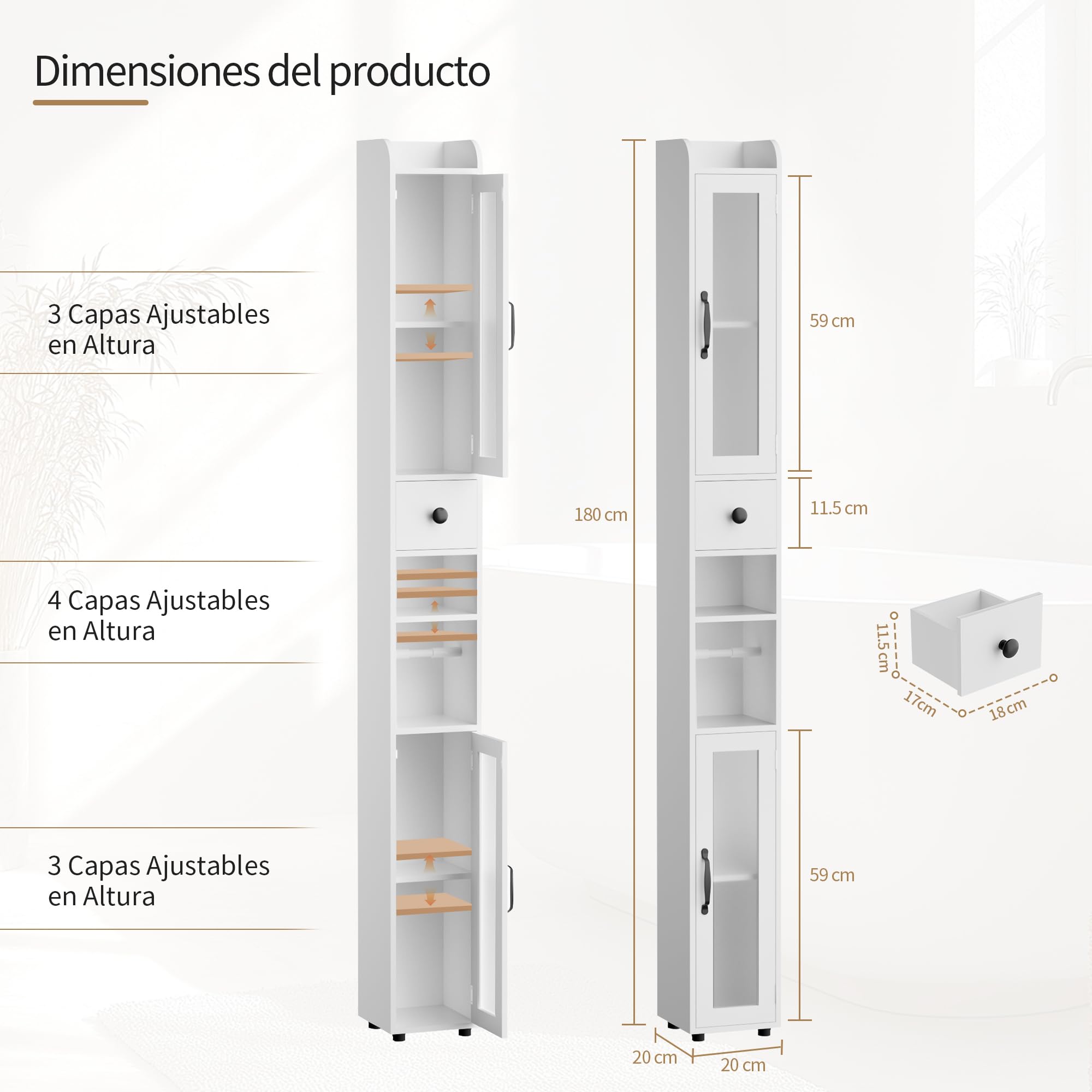 BonVache Mueble Baño Columna, Armario de baño con Estantes Ajustables, Estanterías con 2 Puertas de Vidrio y 1 cajón, Portarrollos Baño, Blanco, 20x20x180 cm