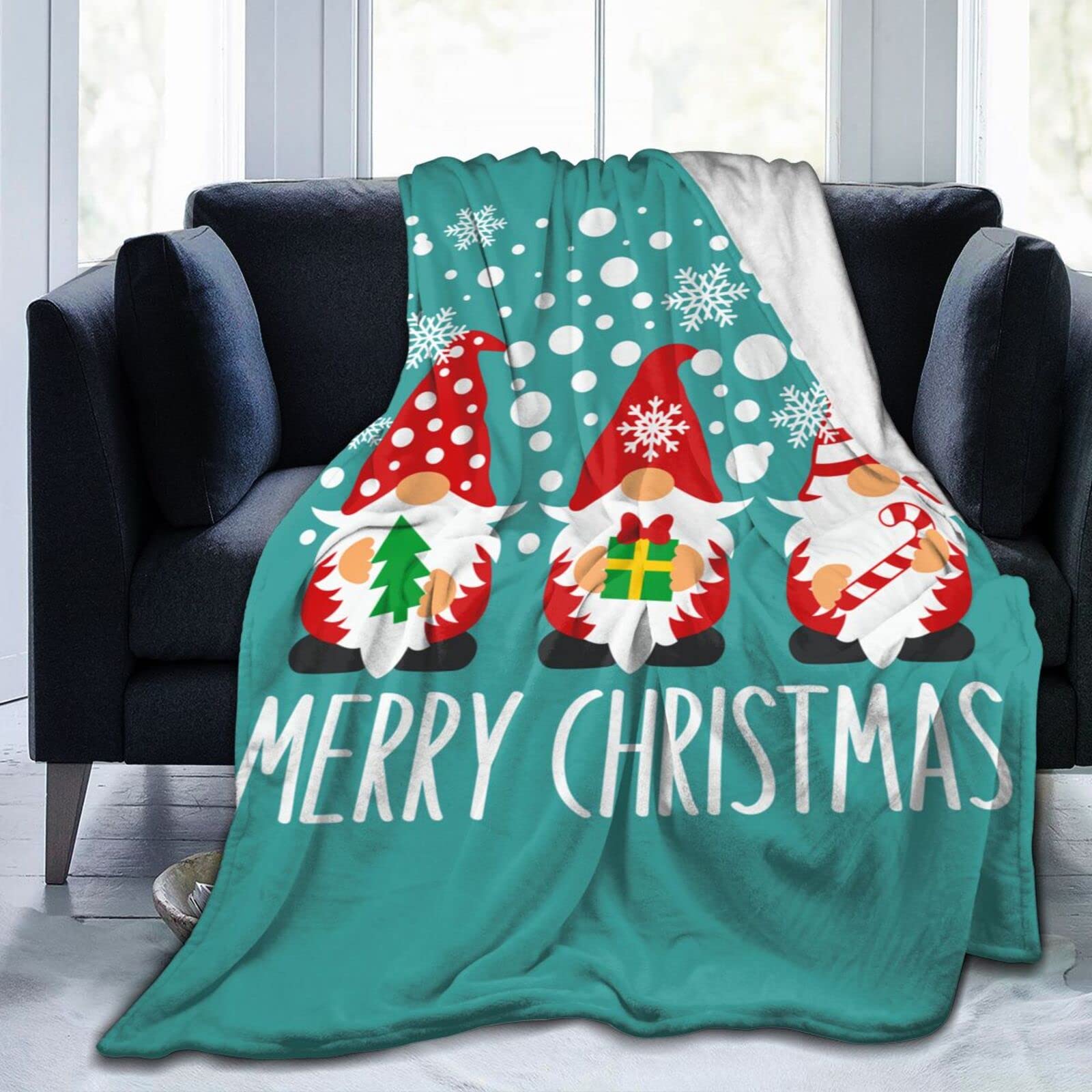 Lsjuee Christmas Gnome Throw Blanket Warm Cozy Blankets Lightweight Soft Cozy Flannel Winter Holiday Blanket for Sofa Couch Bed Office Xmas Gift 60"X50"