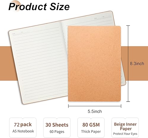 Miniatura 2 de miikoul Paquete de 72 cuadernos de papel kraft A5 a granel, 8.3 x 5.5 pulgadas, 60 páginas30 hojas, 80GSM, cuaderno de viaje para adultos,