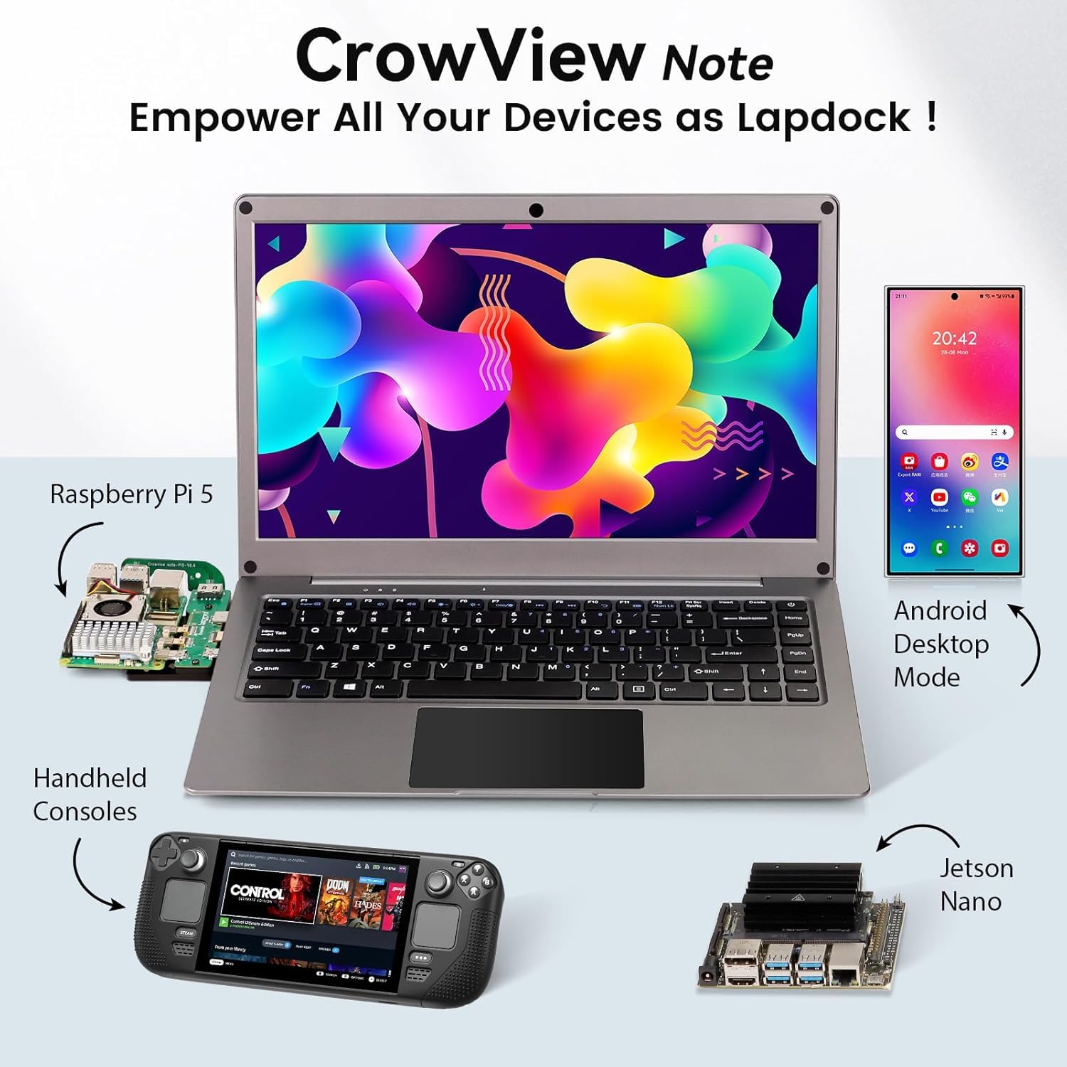 Portable Monitor with Keyboard, 15.6 Inch Lapdock Display with 6000mah Built-in Battery,CrowView Note 1080P FHD USB C Monitors with RPi5 Adapters Compatible with RPi5, PC, Phone, Mac, Game Console — view 2