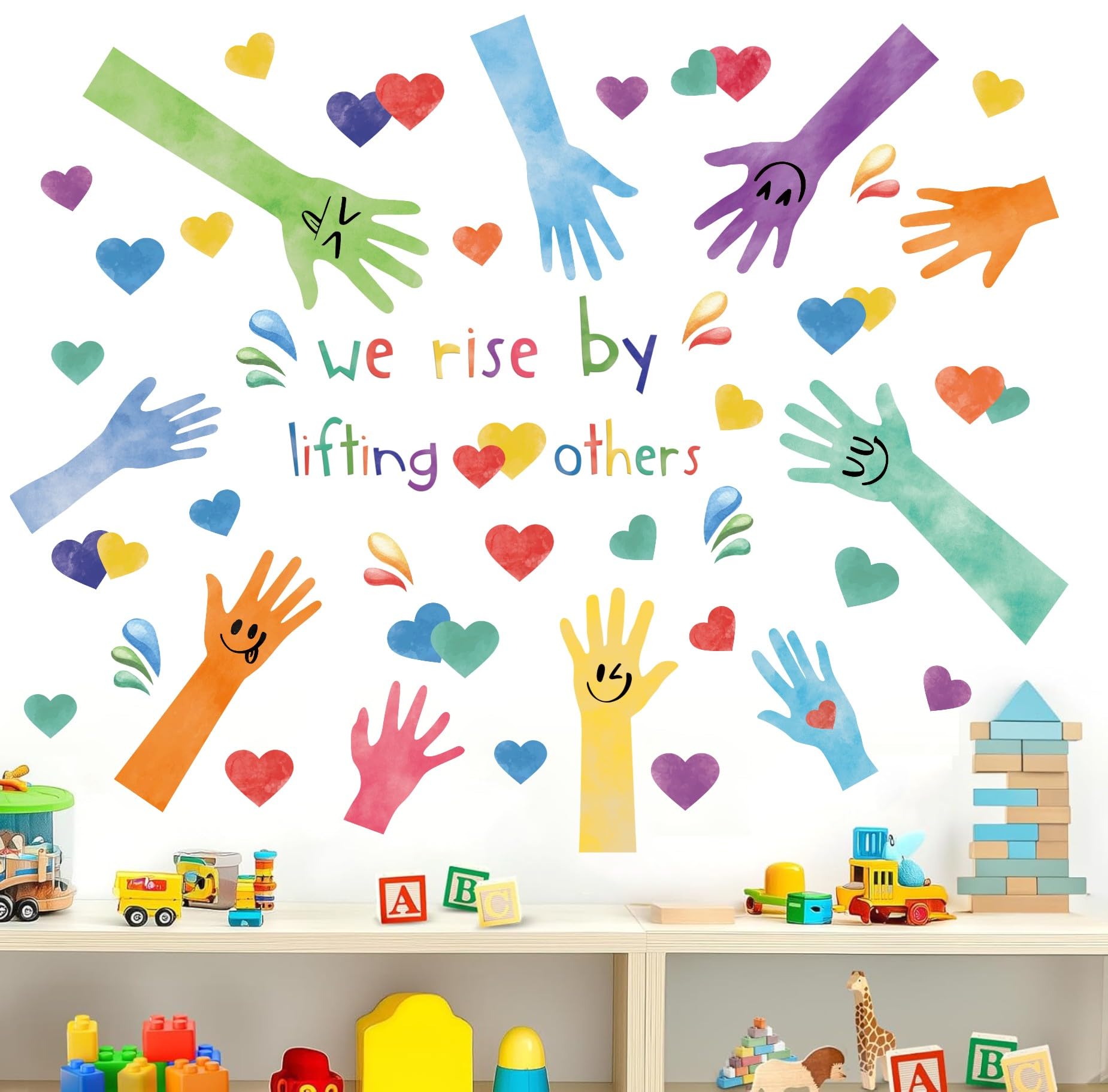 TOARTi Inspirational Wall Stickers,We Rise by Lifting Others Wall Decals,Heart Window Clings,Handprint Wincow Decal,Colorful Hands Stickers for Murals Glass School Classroom Nursery Kids Room Bedroom - Image 3