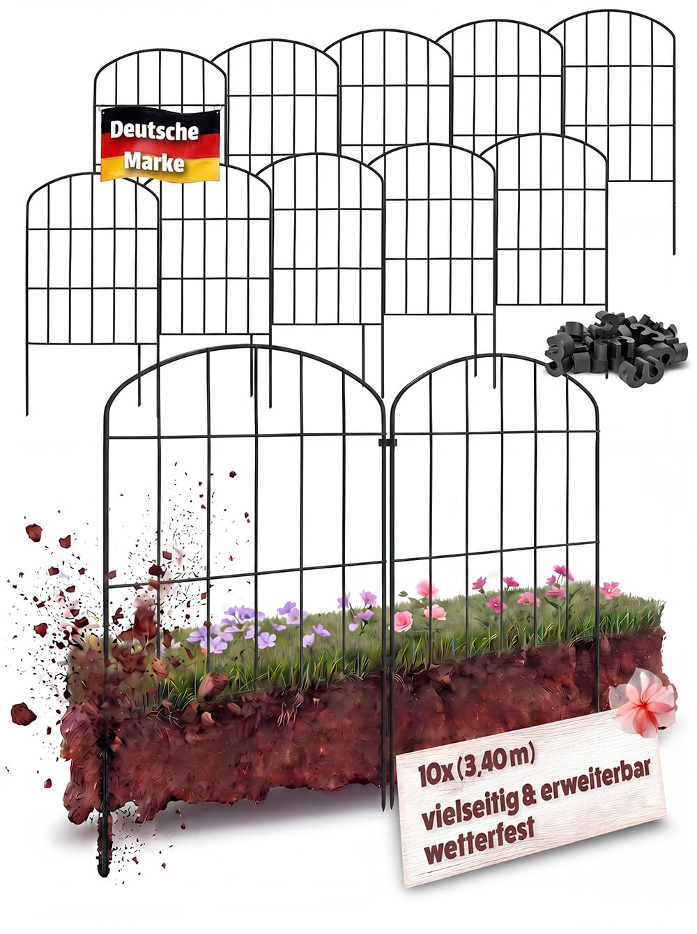 Zaun Gartenzaun Steckzaun Hundezaun Teichzaun für Garten Teich 10 Zaunelemente 43 cm hoch Metall Gitterzaun Oberbogen V2Aox, Schwarz