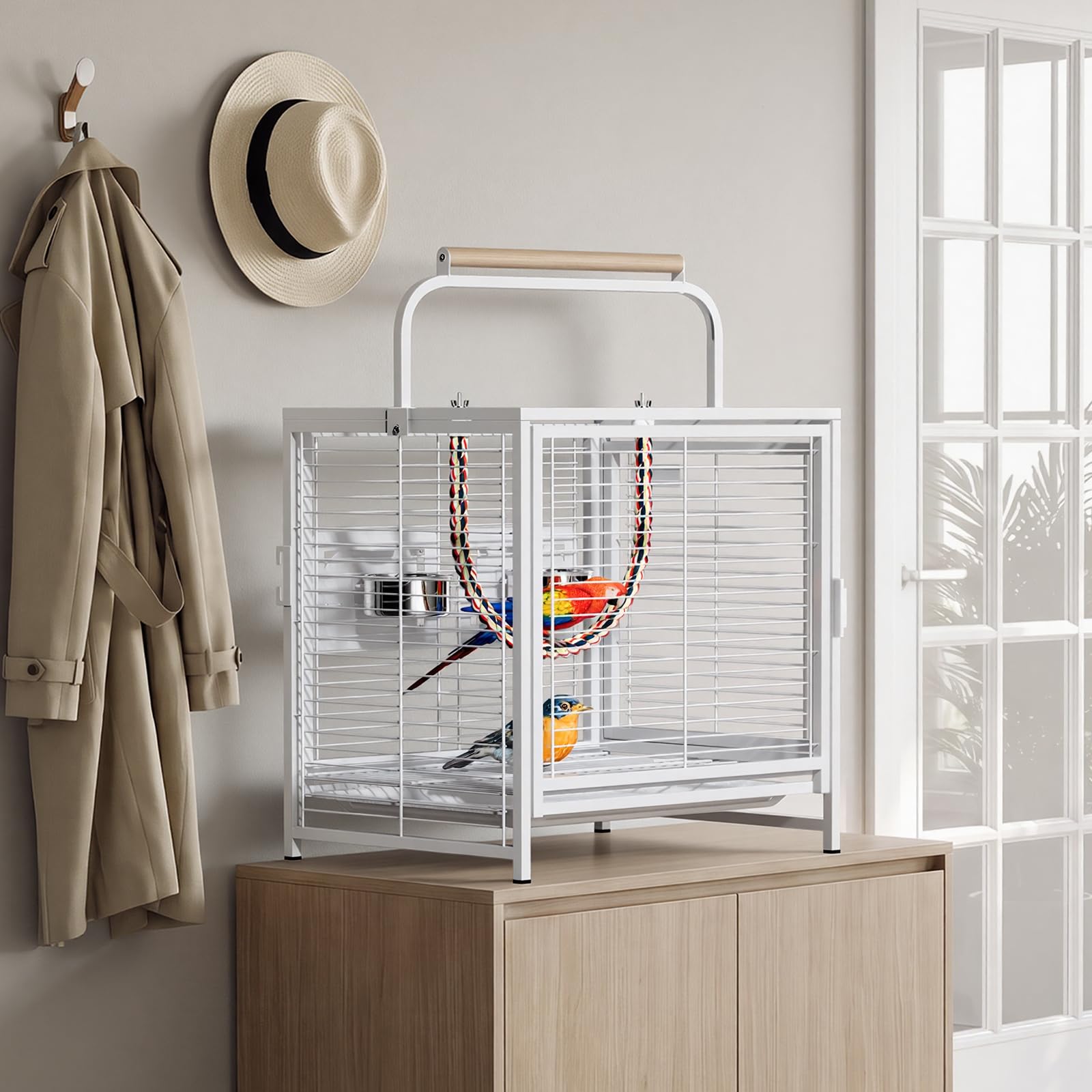 LEADZM Grande Cage à Oiseaux, Cage à perruches, nichoir avec Plateau de Nettoyage Coulissant et Verrouillage de sécurité, 65 x 48 x 37 cm Blanc