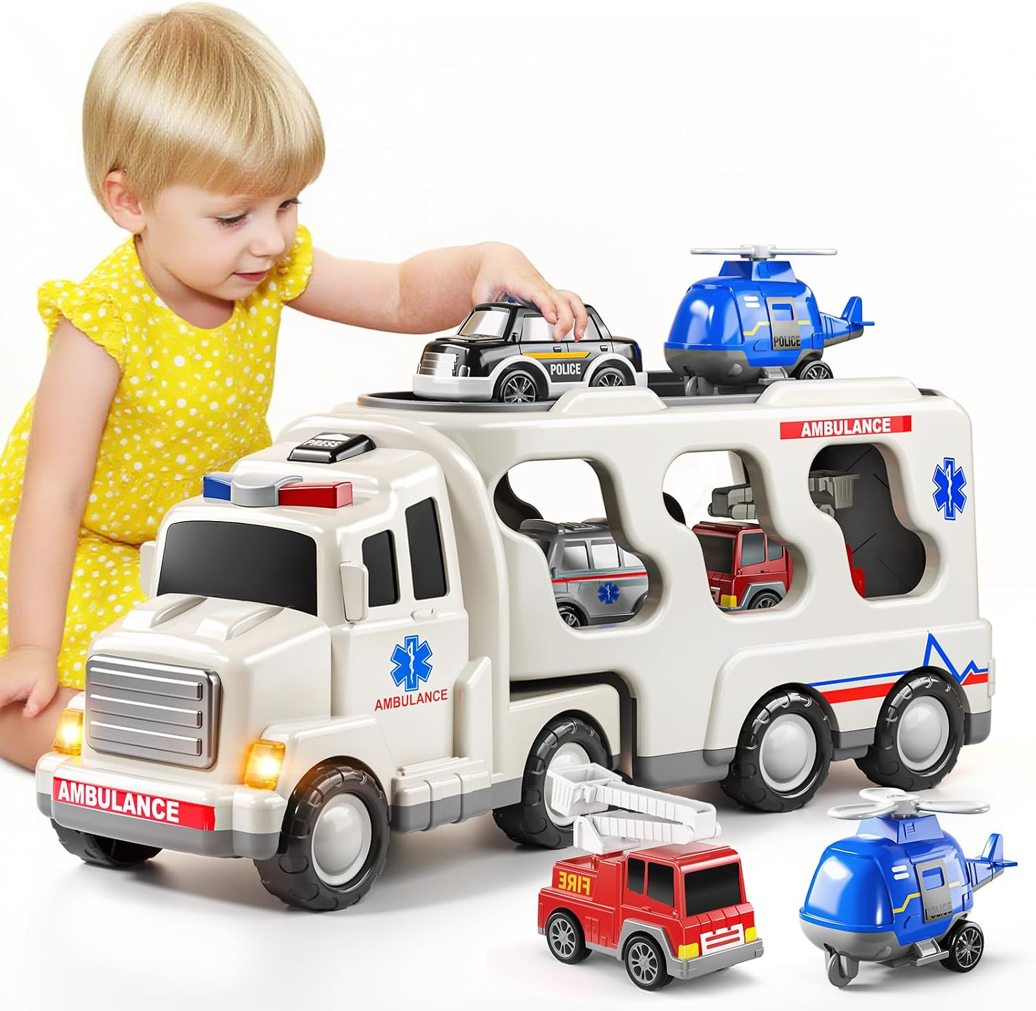5 in 1 Ambulance Toddler Truck Toy for 3 4 5 6 Year Old Boys Friction Powered Cars with Helicopter Police Car Fire Brigade Ambulance Birthday Gifts for Girls Age 3-9